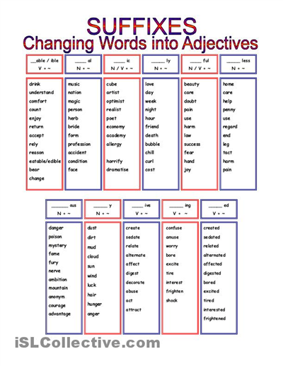 Verb suffixes in English. Suffixes Worksheets. Word formation adjectives. Nouns - adjectives в английском языке Worksheets. Build adjective